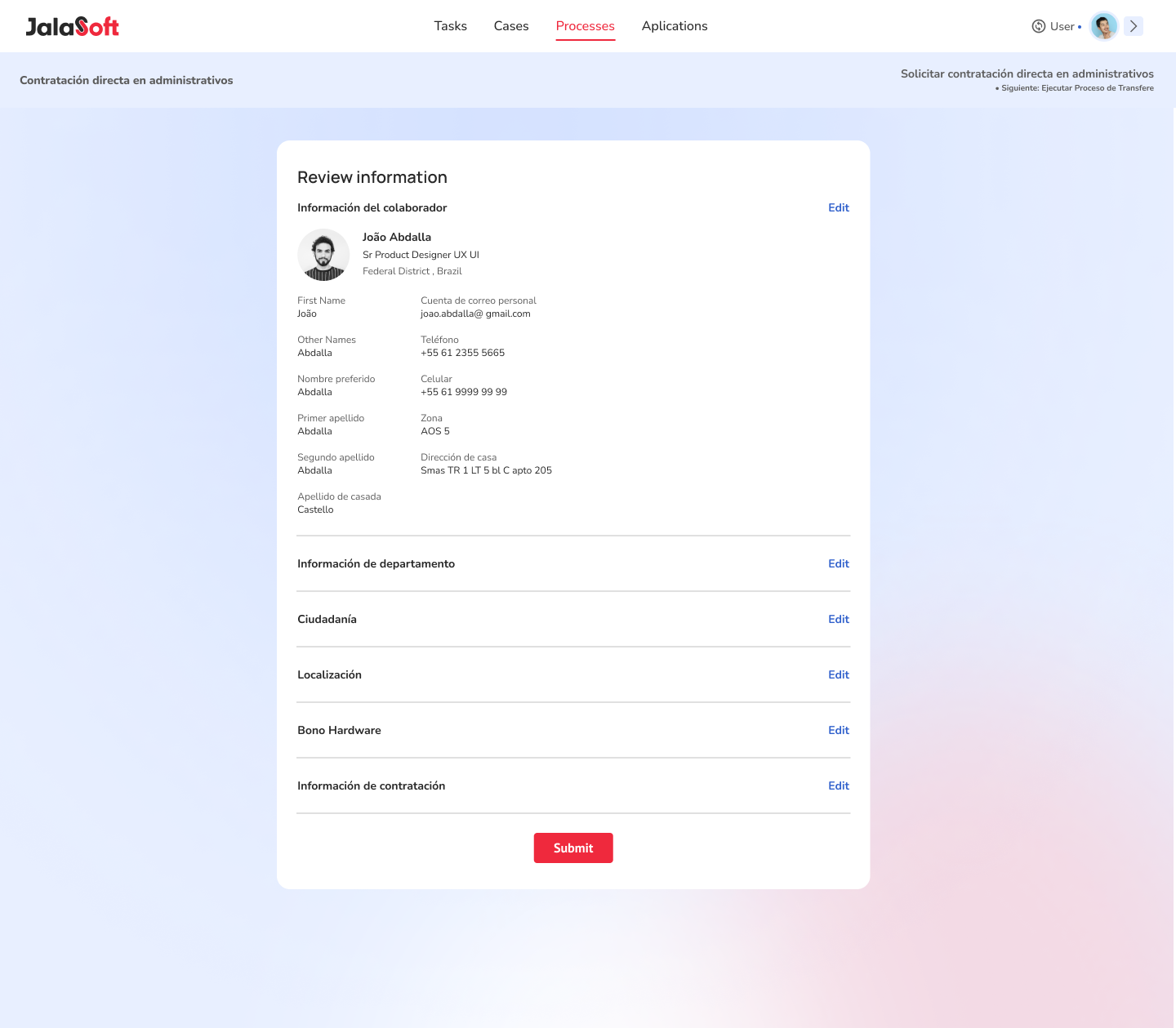 Hiring process end — the review information screen