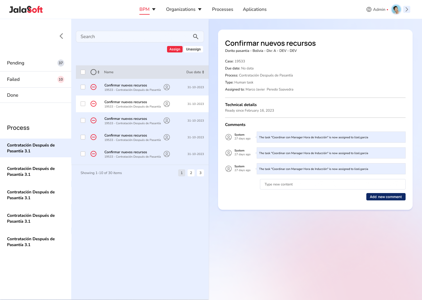 Admin task view — task list on the left, task detail with comments on the right