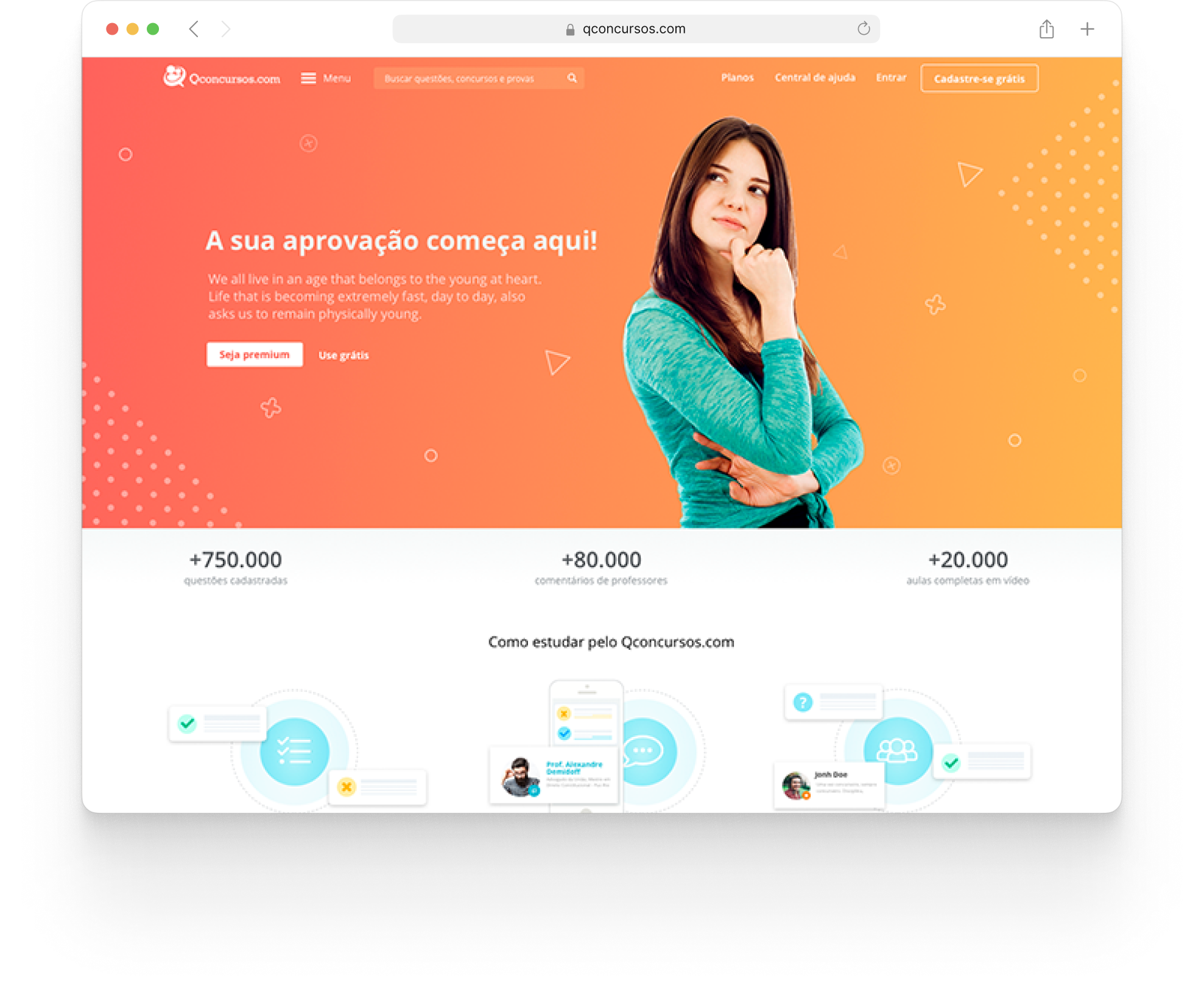 Qconcursos — platform homepage, shown in browser