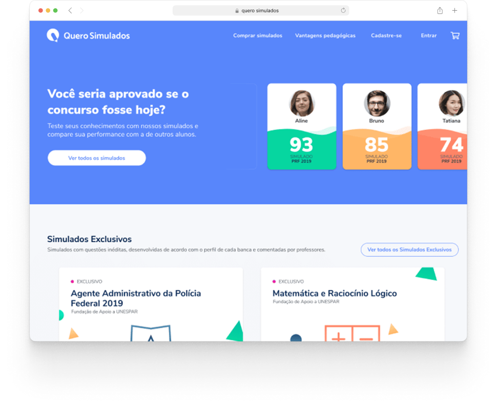 Quero Simulados — exam practice platform, shown in browser