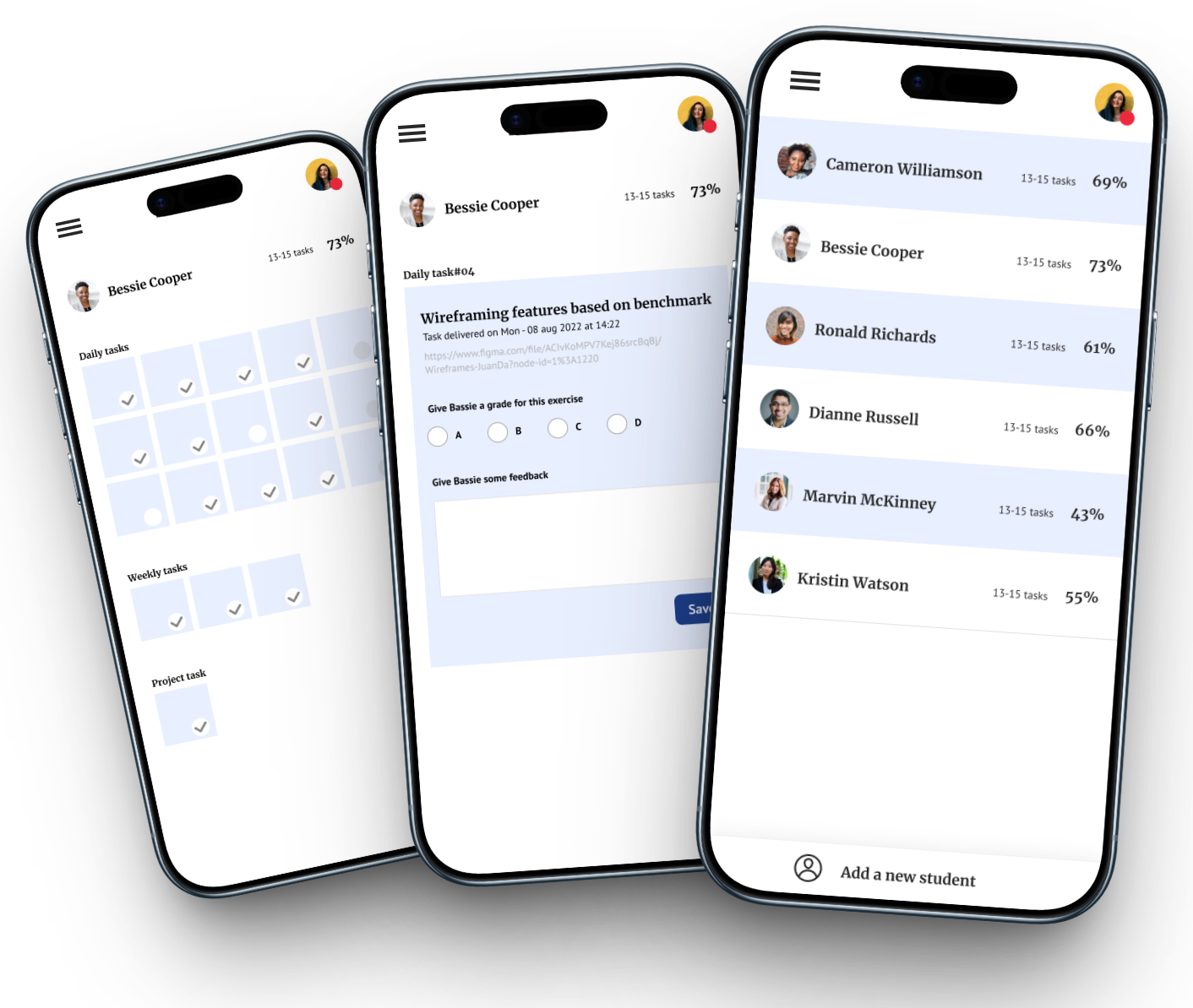 Teacher screens on three phones: class calendar, a lesson with a voting poll and a ranked student list