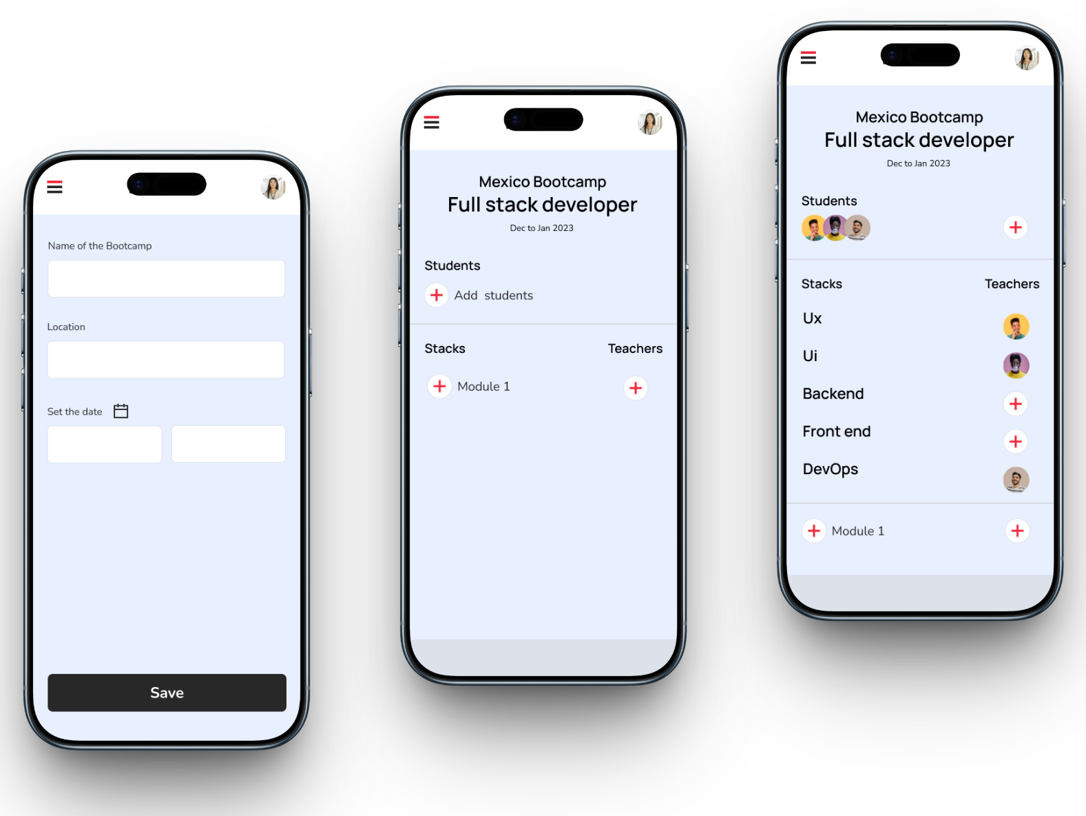 Admin bootcamp setup on three phones, from the empty form to students and teachers added per stack