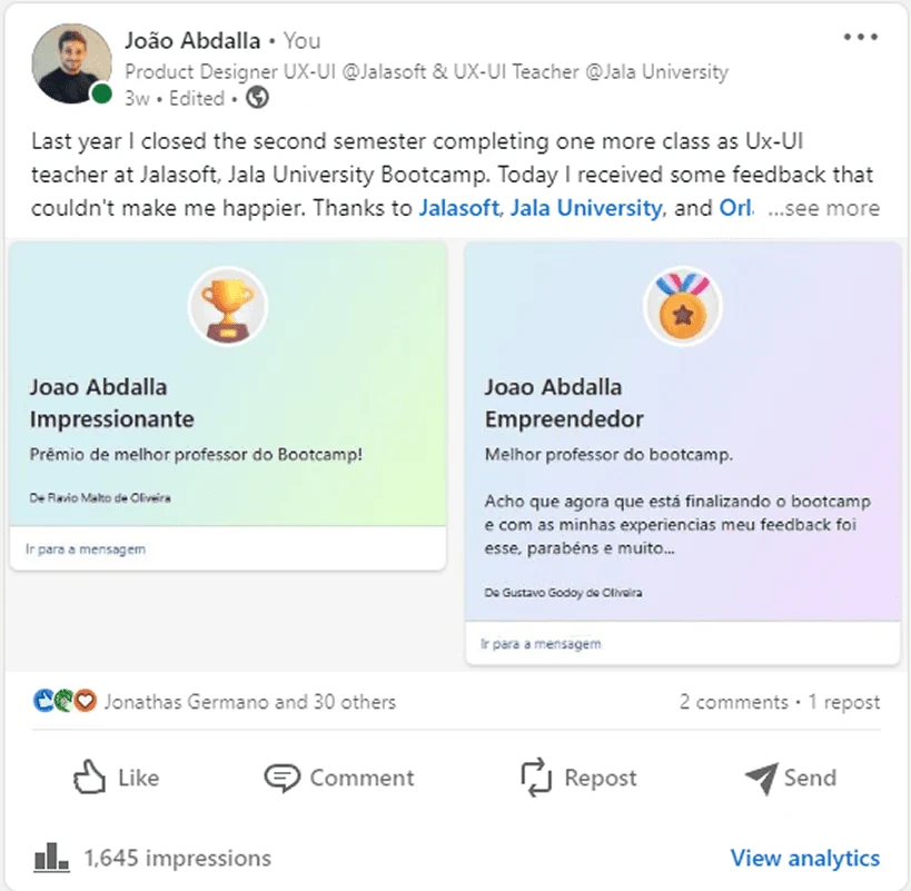 LinkedIn post celebrating the end of the semester, with recognition badges for best bootcamp teacher