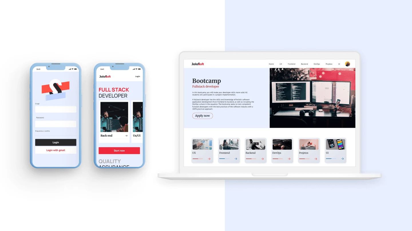 Elearn App on two phones and a laptop — login, course page and the bootcamp catalogue