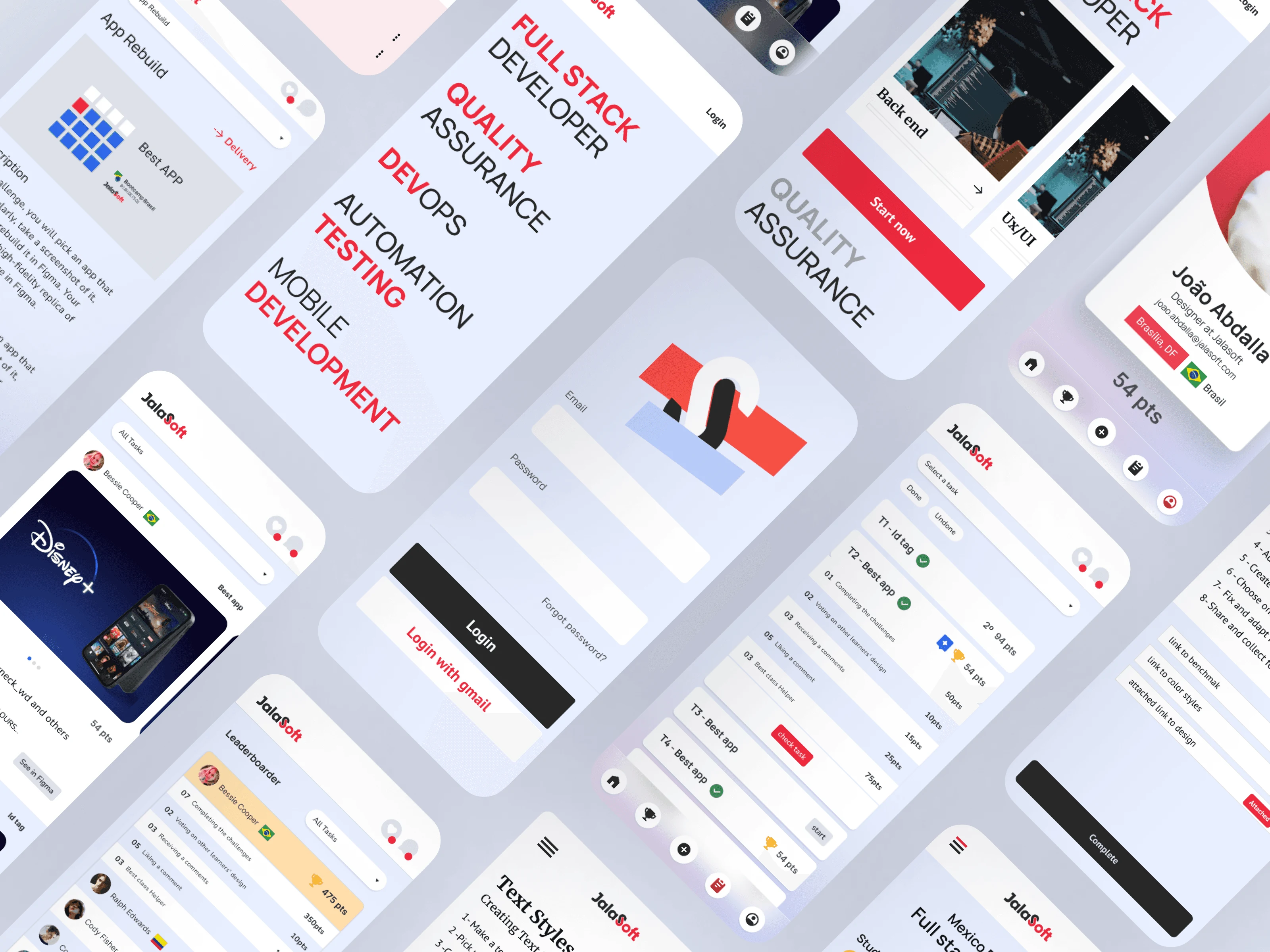 A field of tilted Elearn App screens: logins, course lists, lessons and the Jalasoft logo