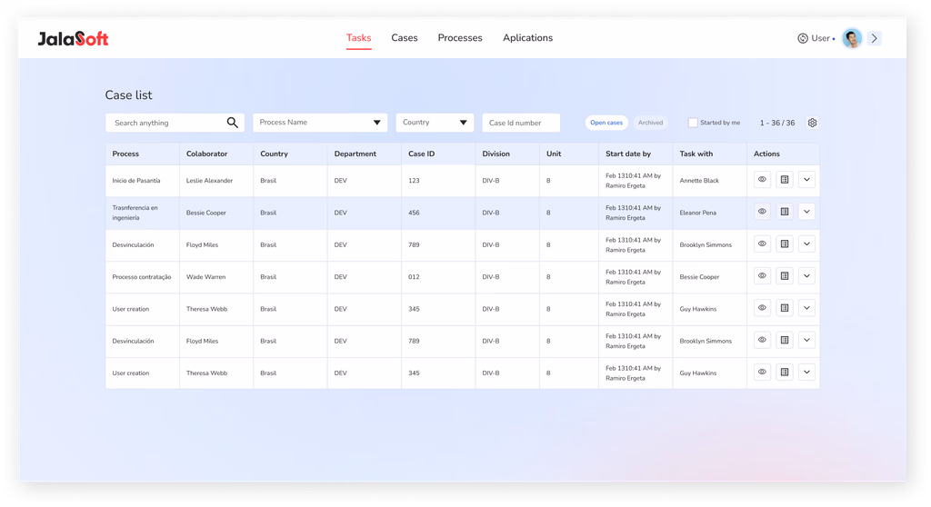 BPM platform case list screen, redesigned with the design system's components