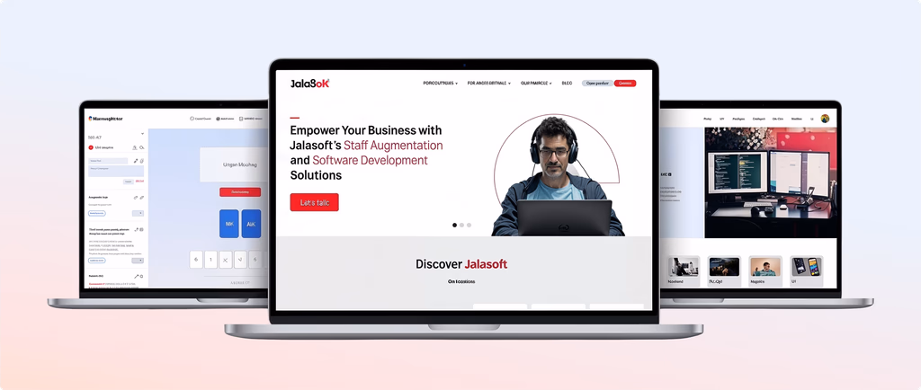 Jalasoft's design system applied to the company website, shown alongside the BPM platform and brand imagery