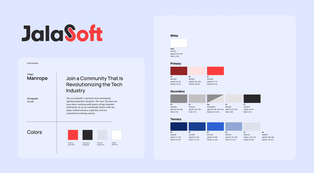 Reference sheet with the Manrope/Nunito type hierarchy and the brand color palette