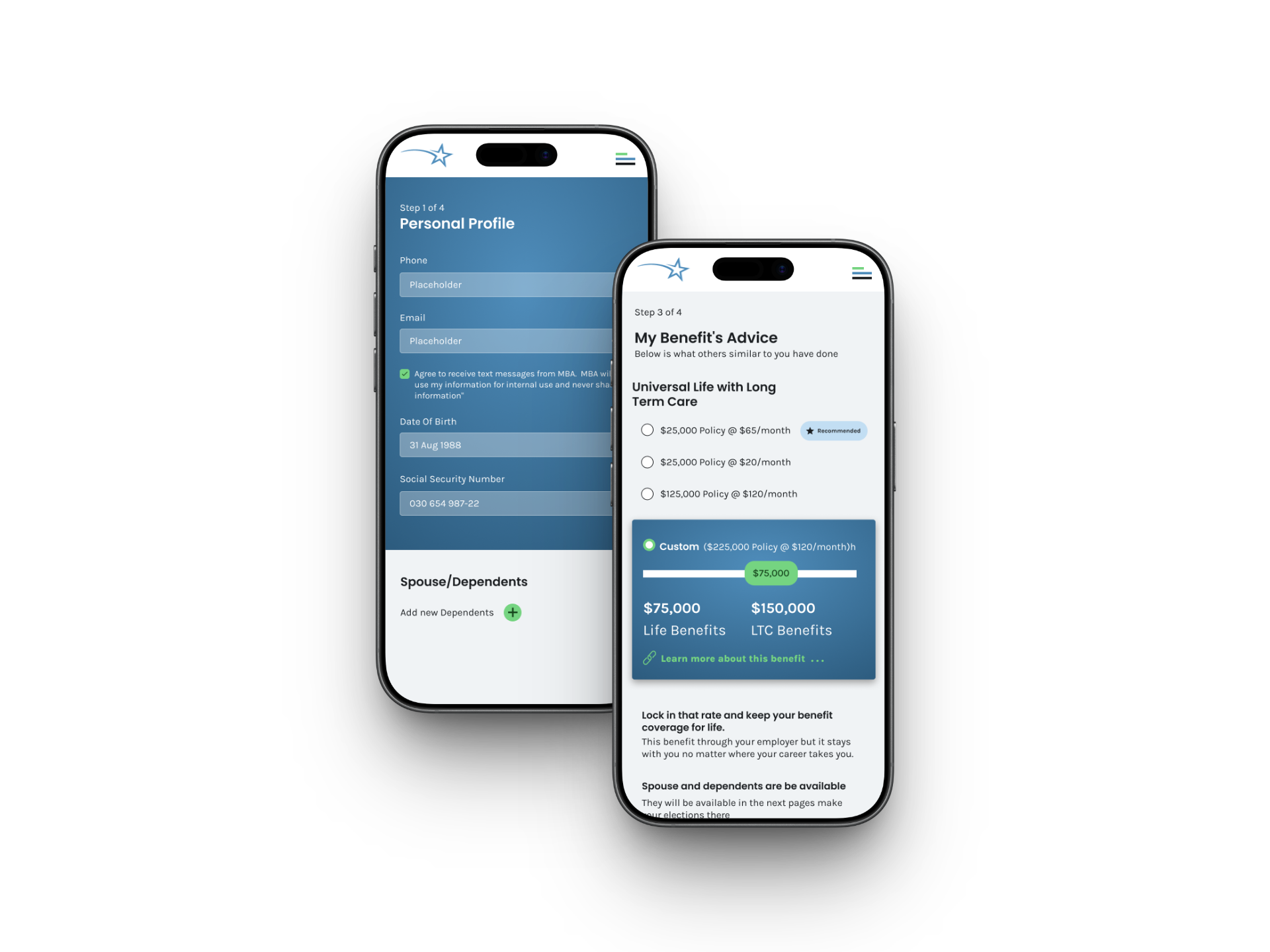 Employee enrollment experience shown across two iPhone mockups