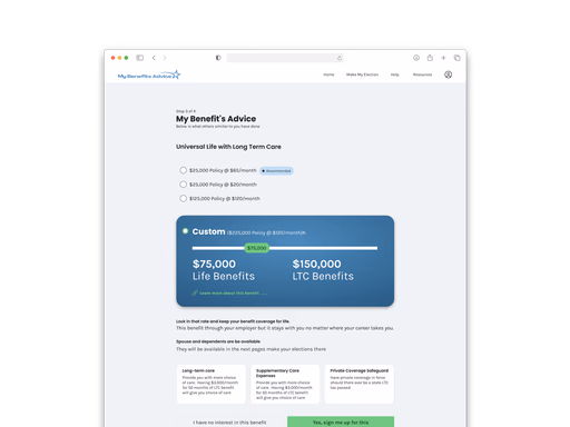 Plan recommendation screen with a Recommended badge and coverage slider