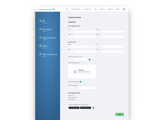 Employer onboarding wizard with a persistent progress sidebar