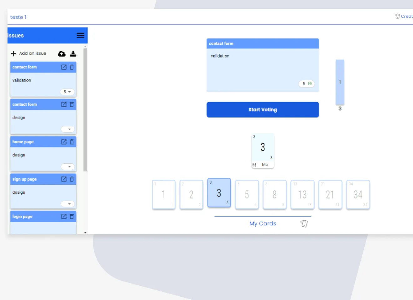 The original Planning Poker app, with the issues list and the card deck