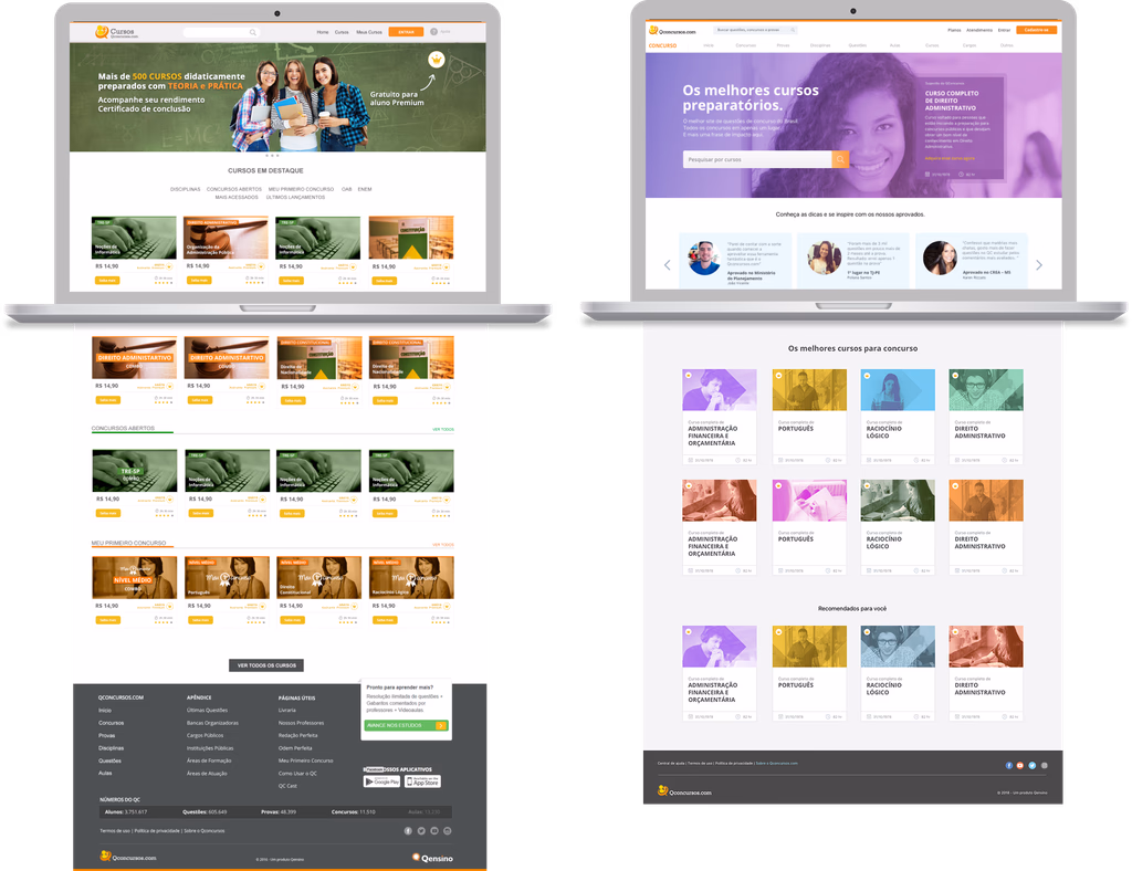 Side-by-side laptop mockups — QConcursos before and after the redesign