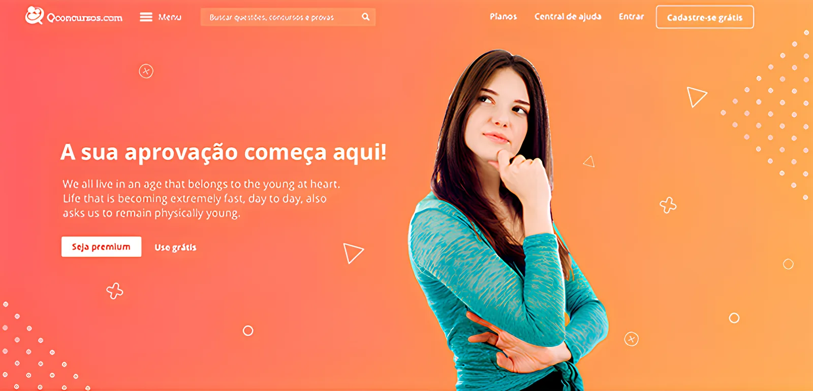 QConcursos landing page, orange-gradient version — 'A sua aprovação começa aqui!'