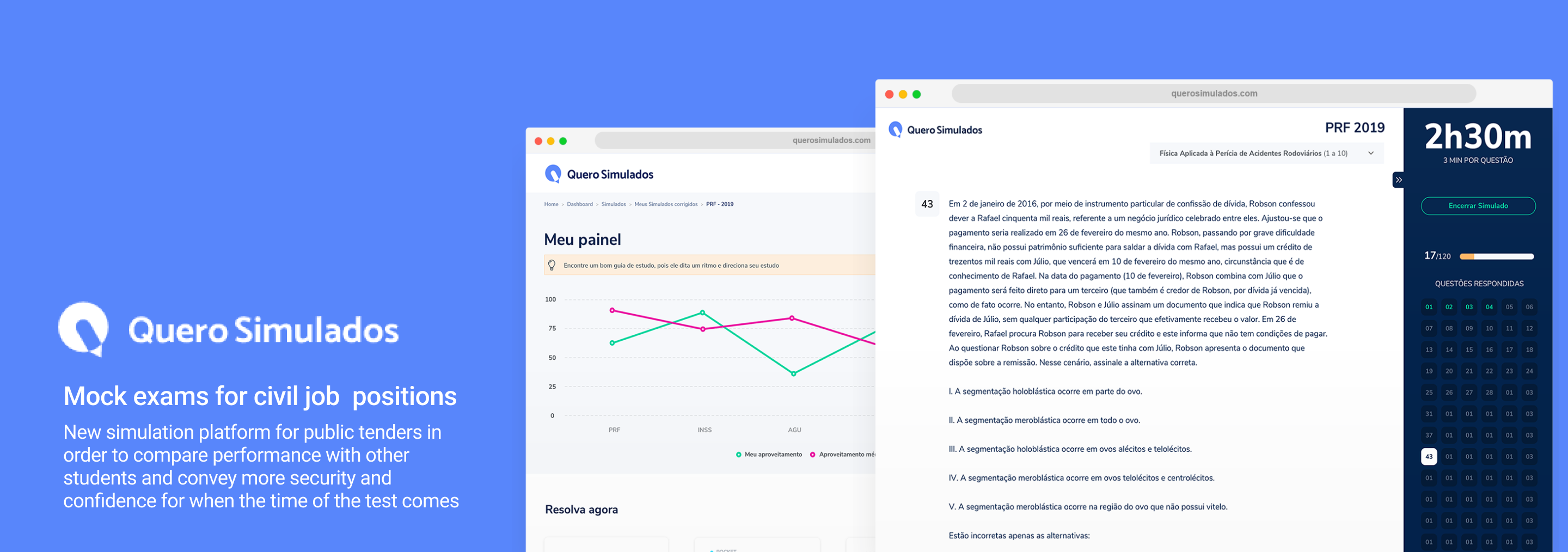 Quero Simulados dashboard, blue theme
